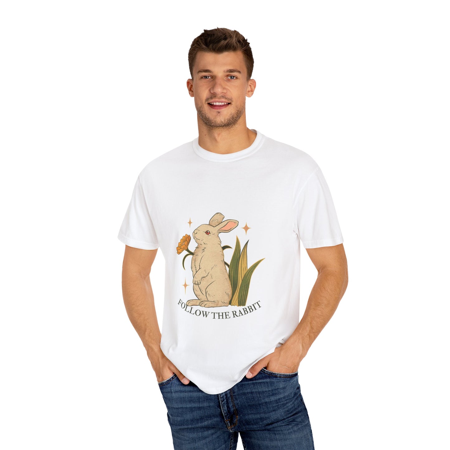 Cute Rabbit Graphic T-Shirt, Follow the Rabbit Tee, Spring Fashion, Gift for Animal Lovers, Eco-Friendly Clothing, Vintage Style