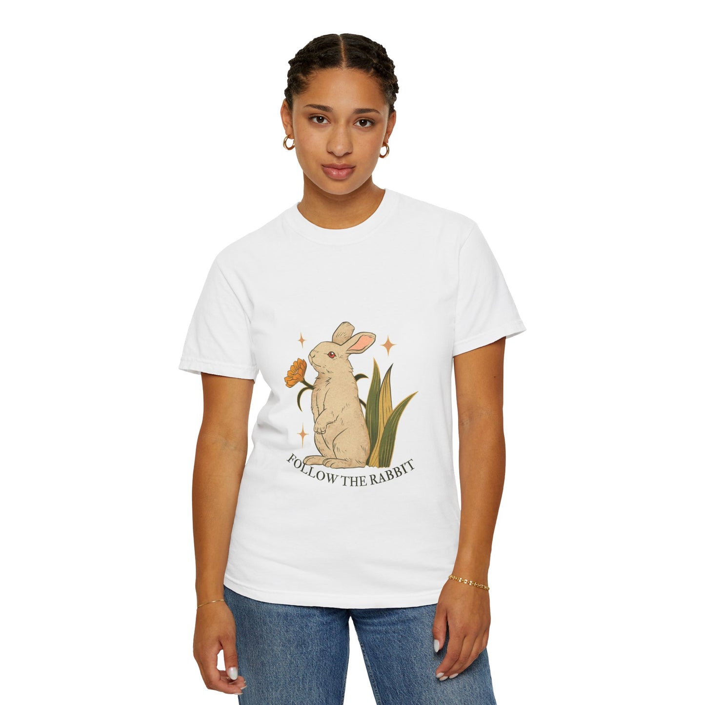 Cute Rabbit Graphic T-Shirt, Follow the Rabbit Tee, Spring Fashion, Gift for Animal Lovers, Eco-Friendly Clothing, Vintage Style