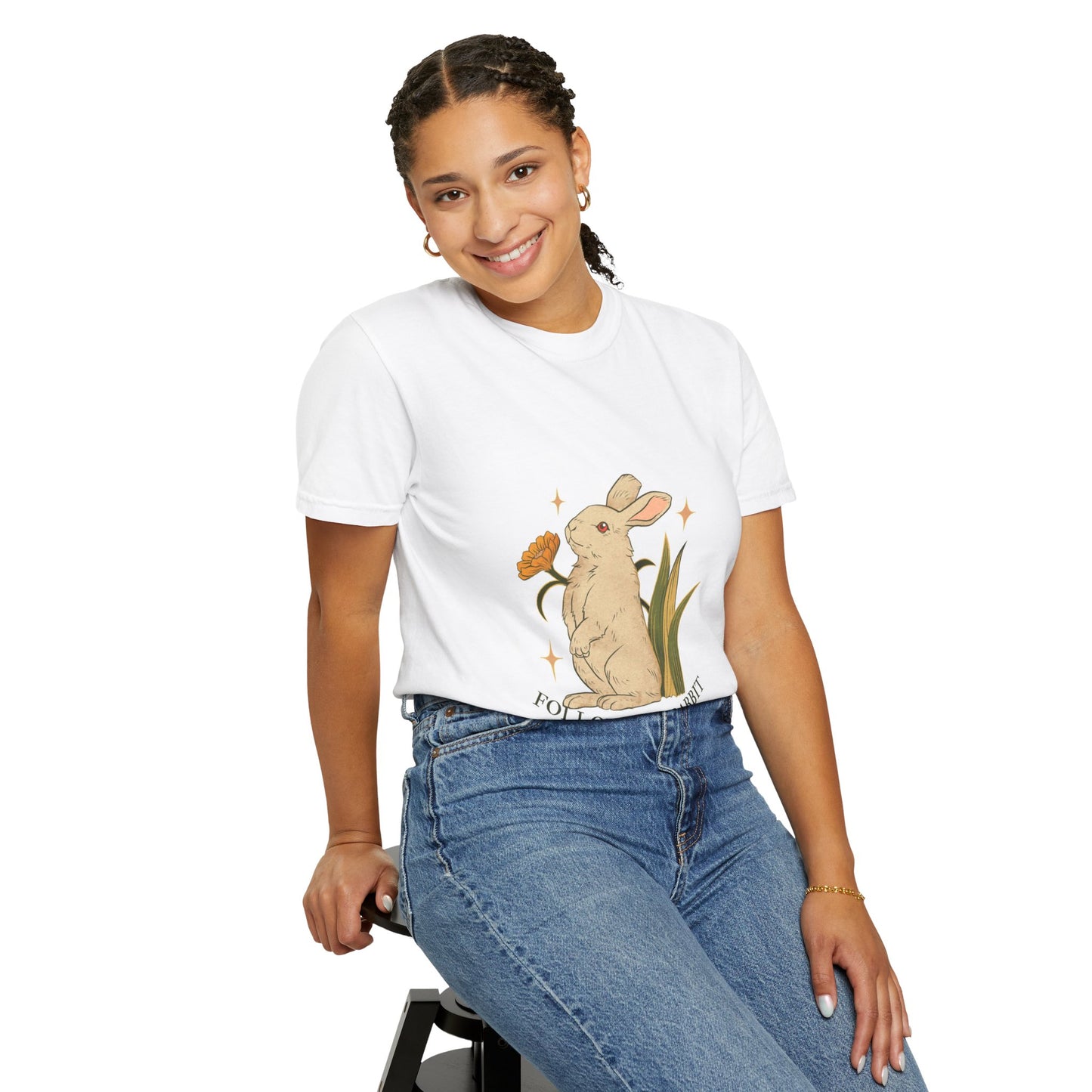 Cute Rabbit Graphic T-Shirt, Follow the Rabbit Tee, Spring Fashion, Gift for Animal Lovers, Eco-Friendly Clothing, Vintage Style