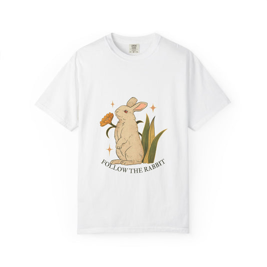 Cute Rabbit Graphic T-Shirt, Follow the Rabbit Tee, Spring Fashion, Gift for Animal Lovers, Eco-Friendly Clothing, Vintage Style